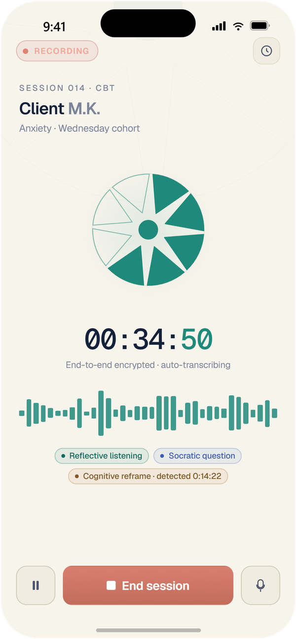 Therapy Aperture session recording screen showing live intervention detection