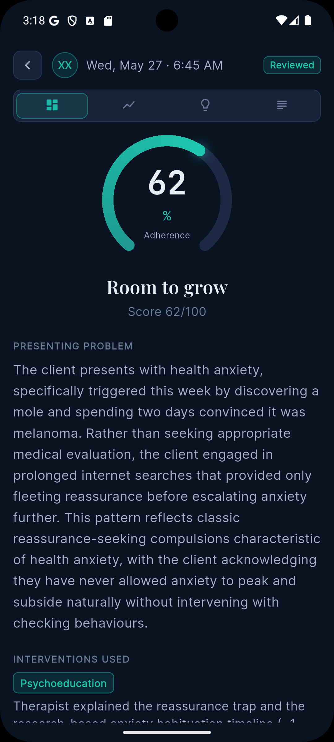Therapy Aperture session overview showing feedback score and interventions used