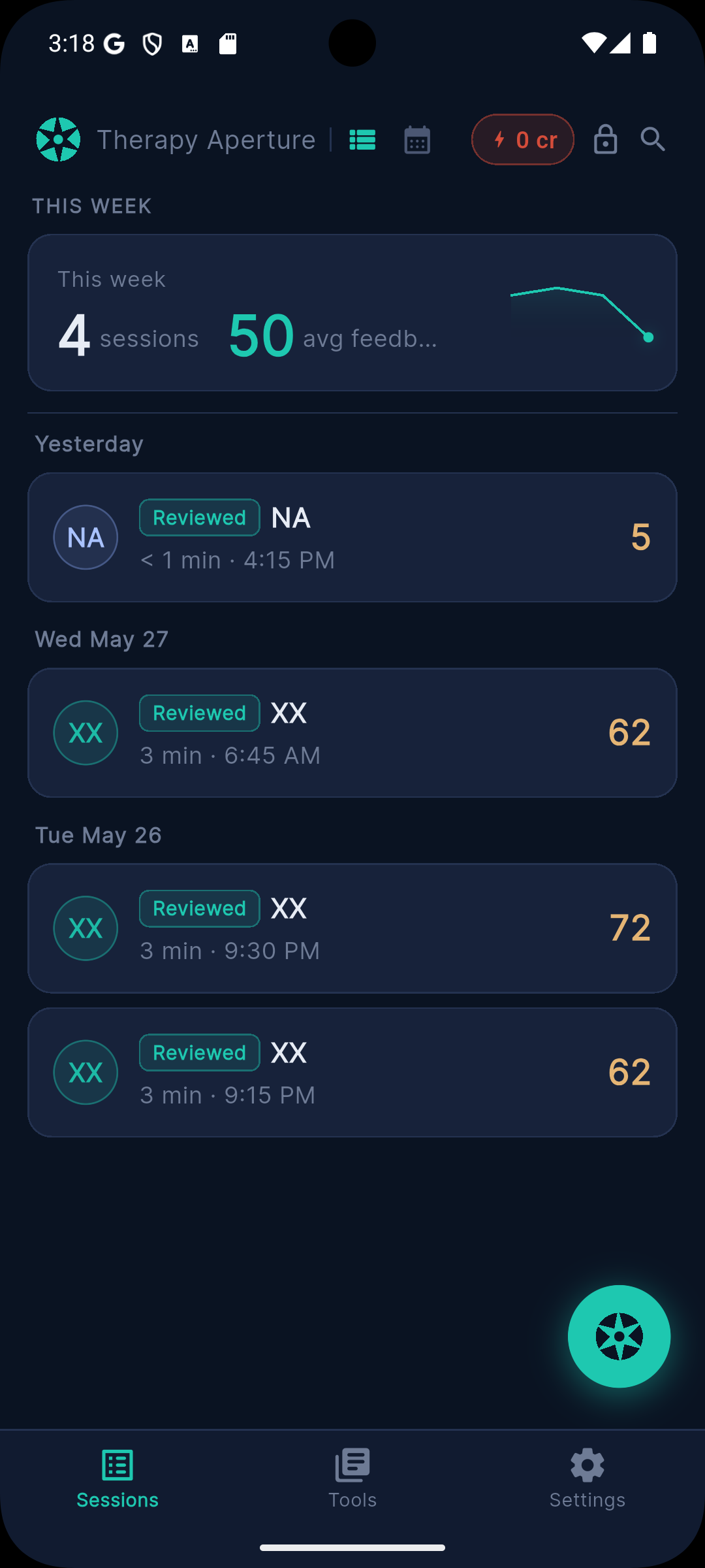 Sessions list showing scored sessions week by week