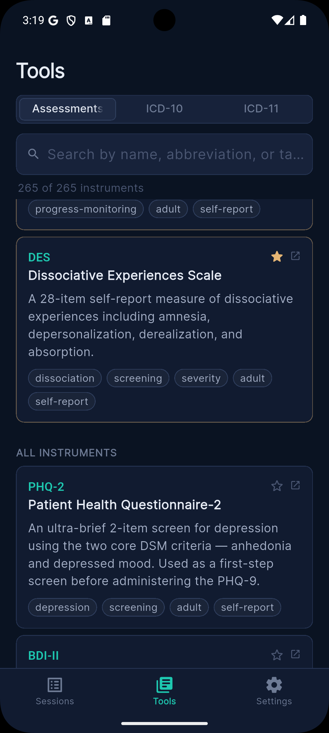 Clinical tools showing searchable assessment instruments including PHQ-2 and BDI-II